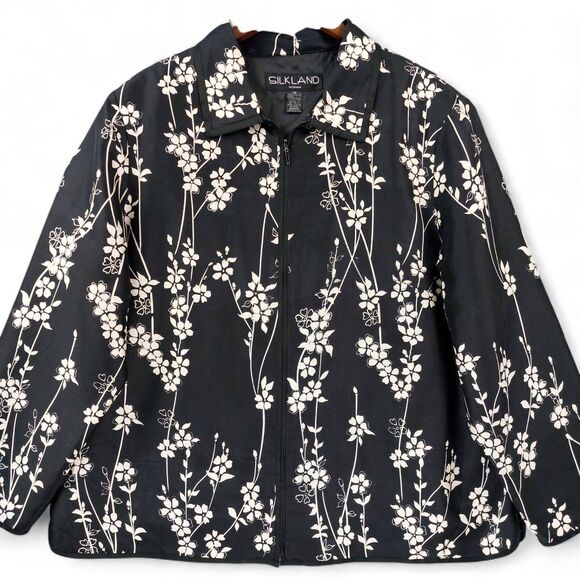 SILKLAND Jacket Womens Size 2X Black White Silk Floral Lined Classic Full Zip - Picture 1 of 9